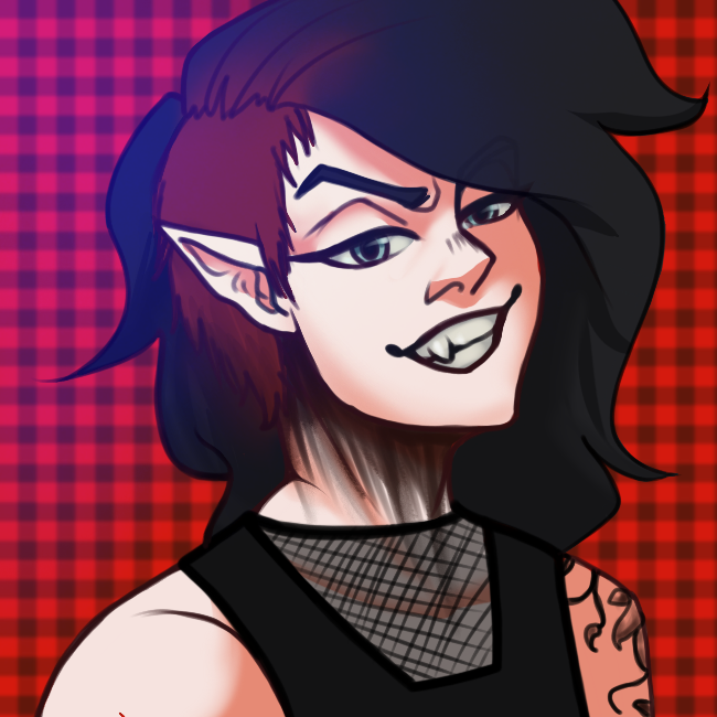 A person with elf ears grinning at the viewer