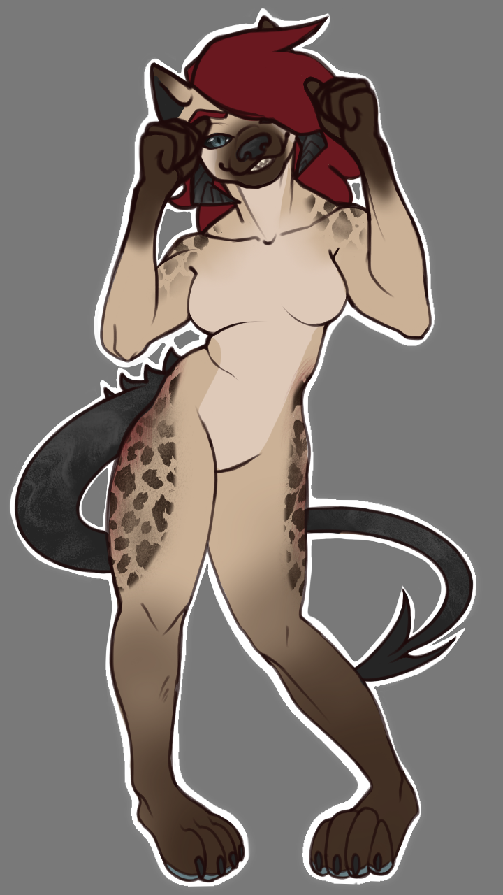 A hyena woman with horns and a devil tail