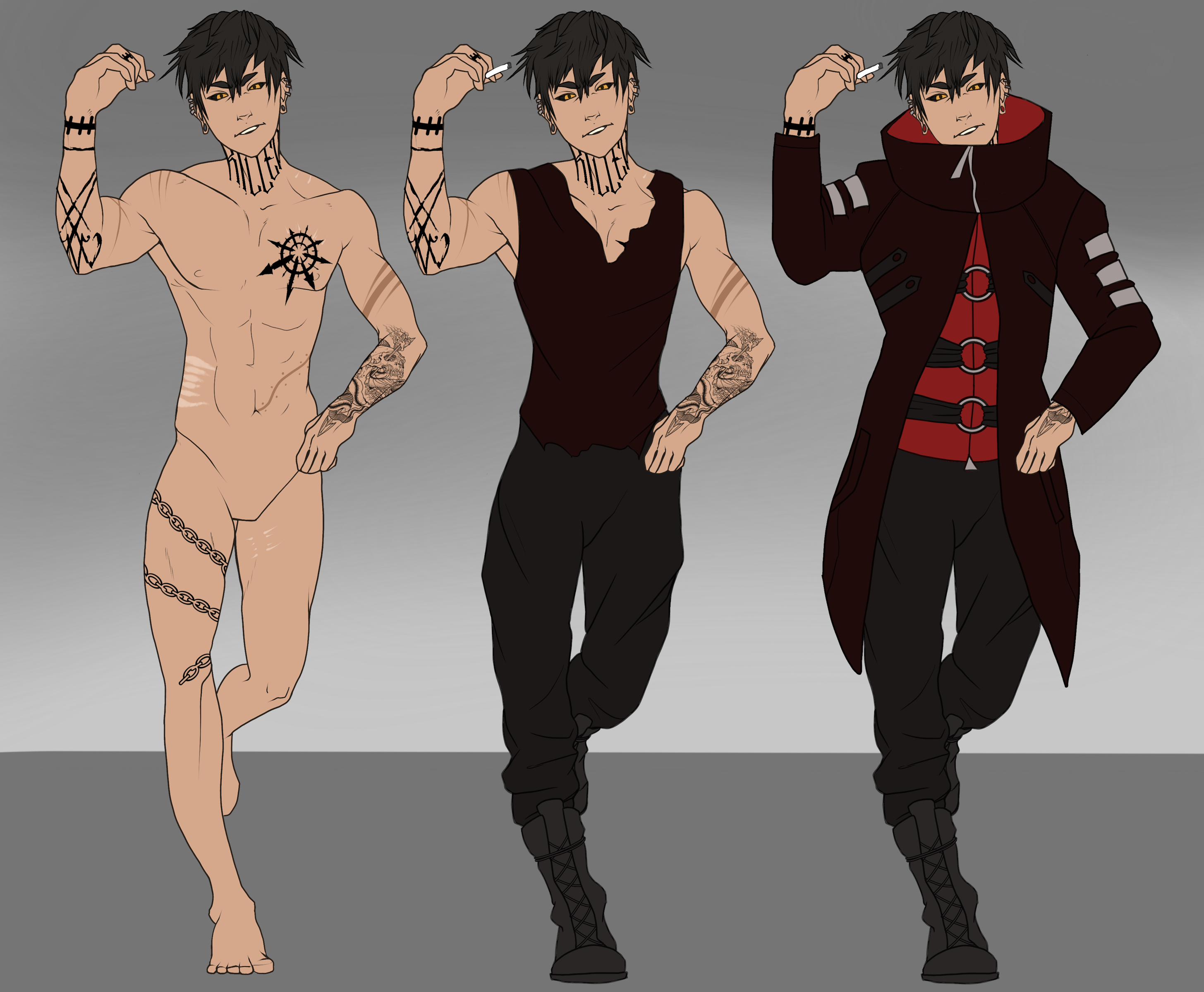 Three views of a man in various states of undress.