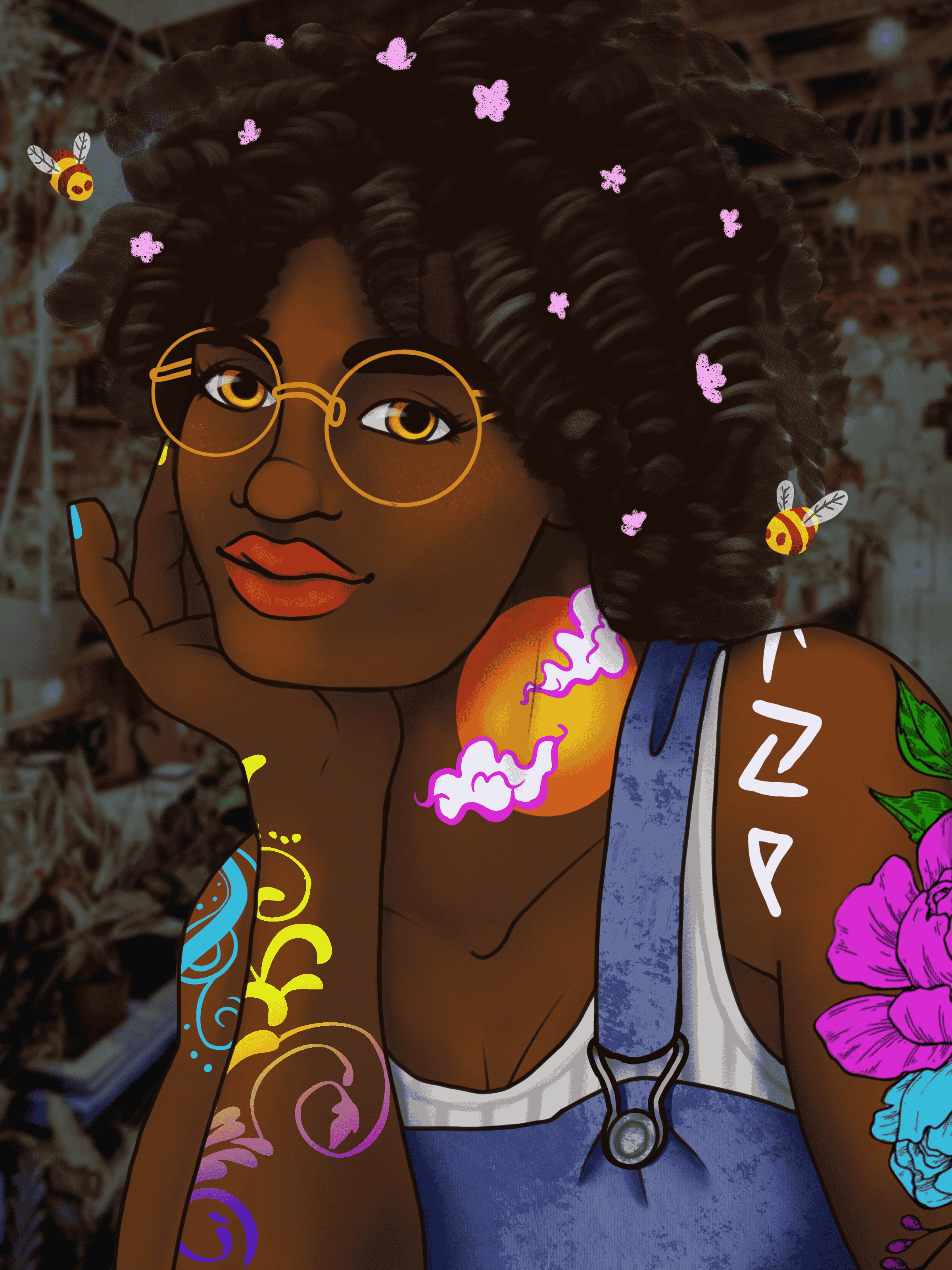 A woman with neon tattoos, smiling at the camera