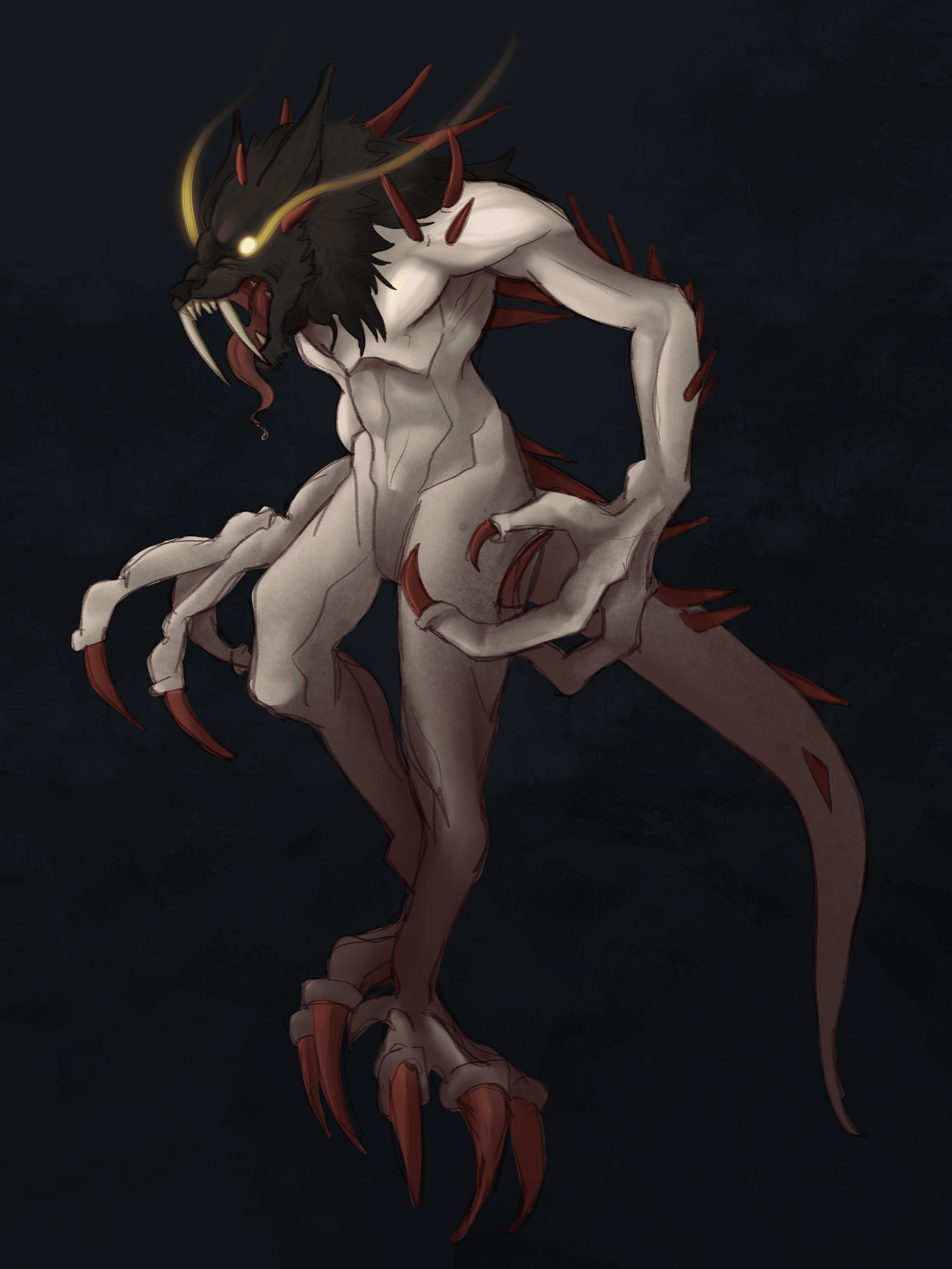 A monster made up of a wolves head, thin body, and gnarly hands.