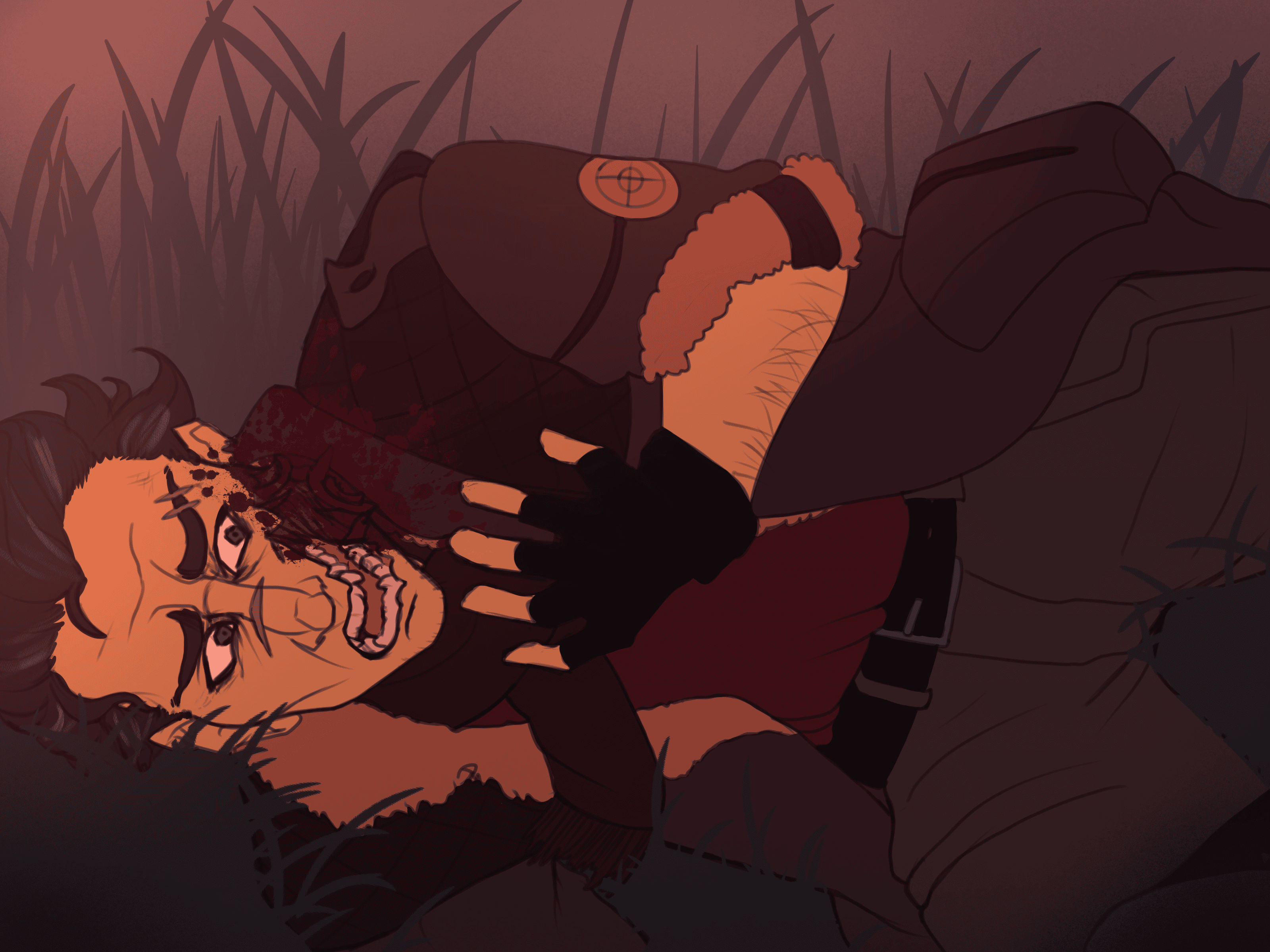 A man lying in a field, shot through the face.