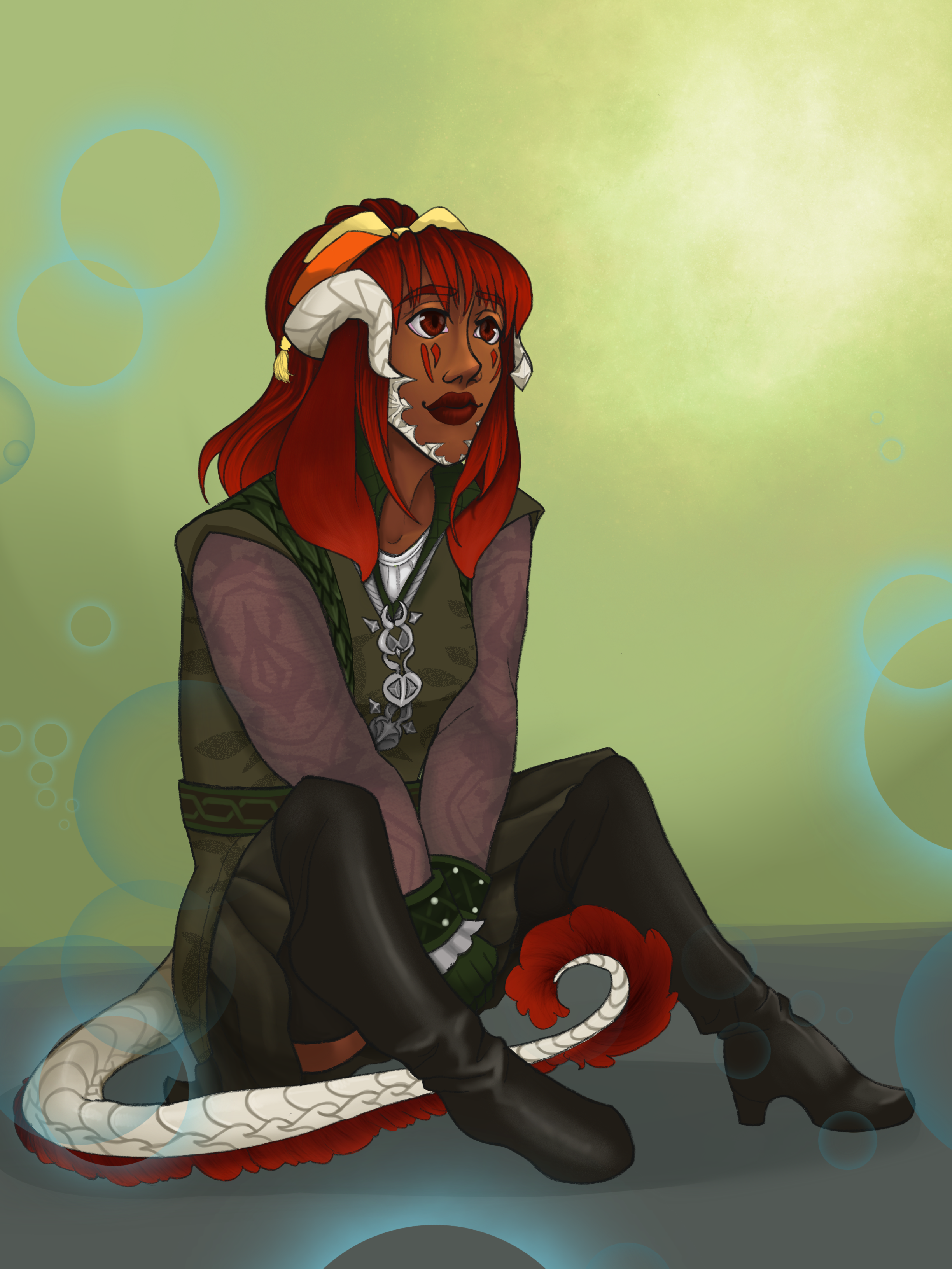 A bunny and lizard woman sitting.