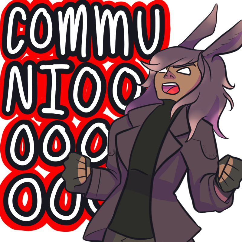An emote of a bunny woman yelling 'COMMUNIOOOOOO'