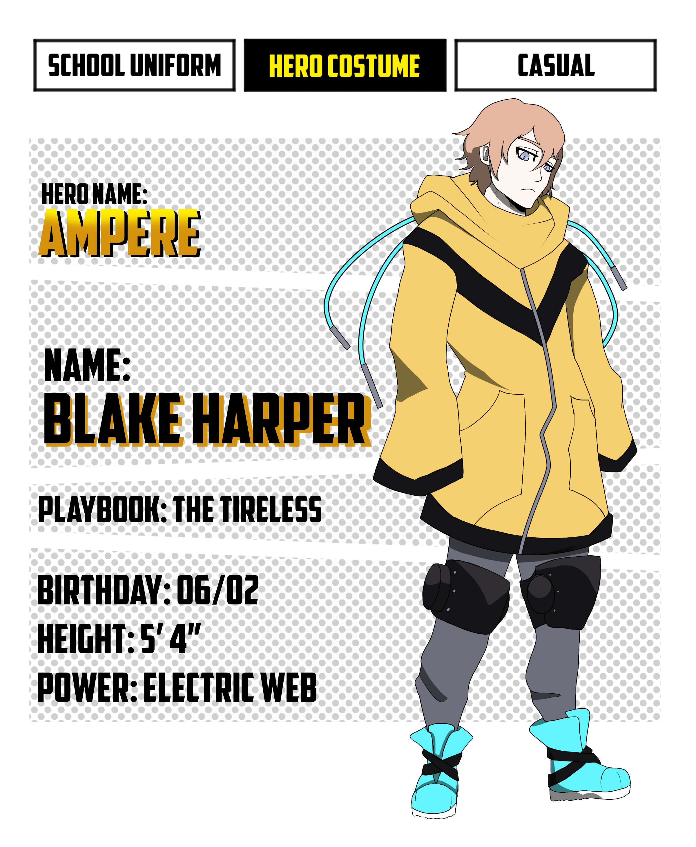 A superhero in a yellow outfit. Image done in the style of My Hero Academia.