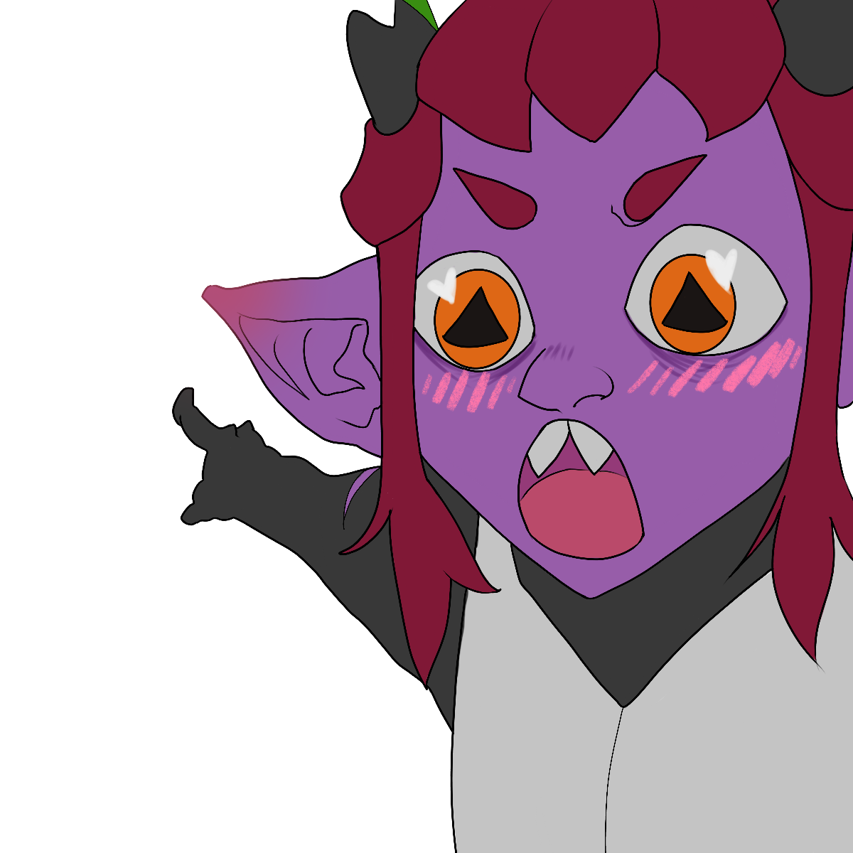 A purple goblin pointing excitedly into the distance.