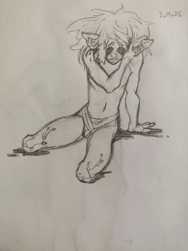 A goblin missing their legs and eyes, looking down sadly.