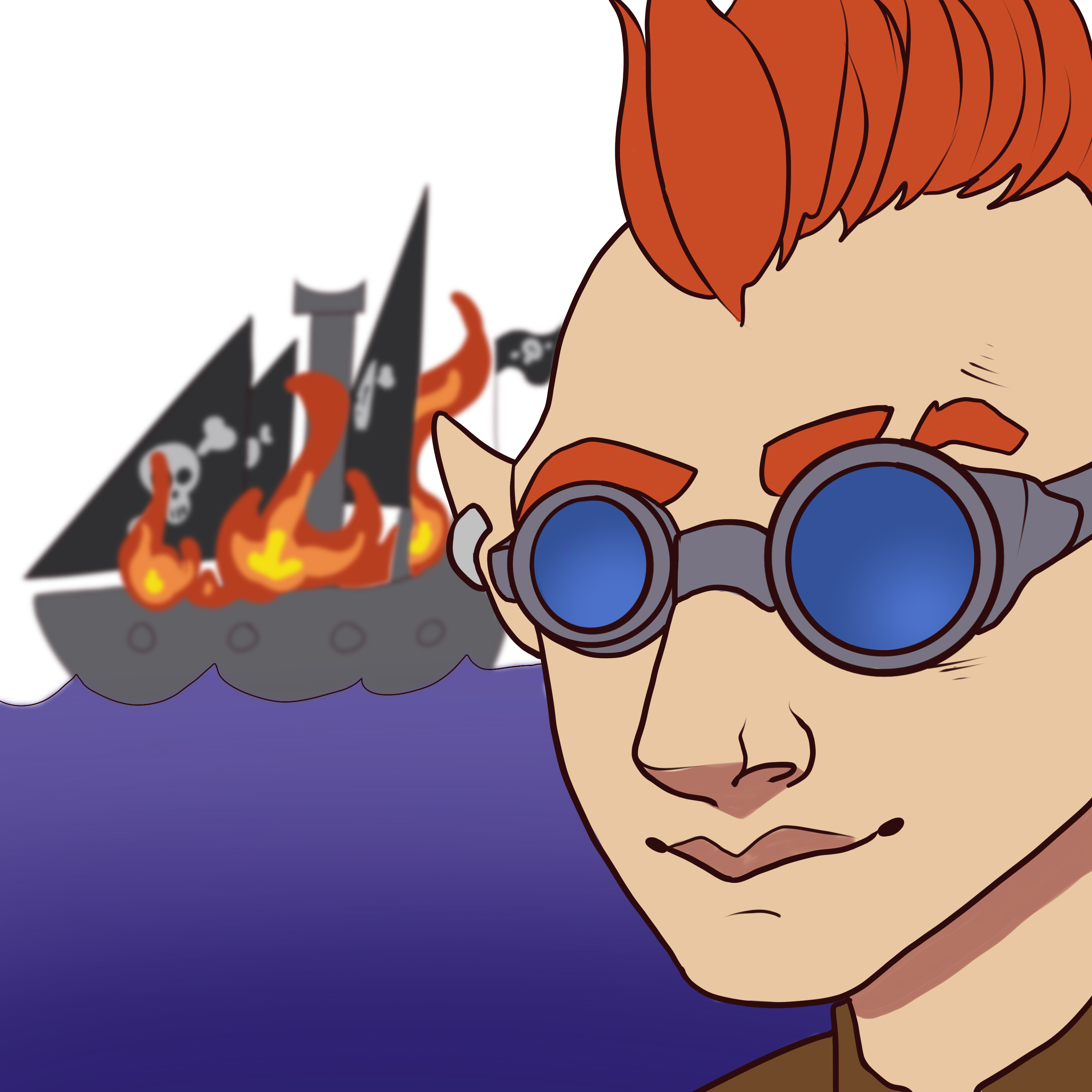 A fey man looks into the camera while a ship burns behind him.