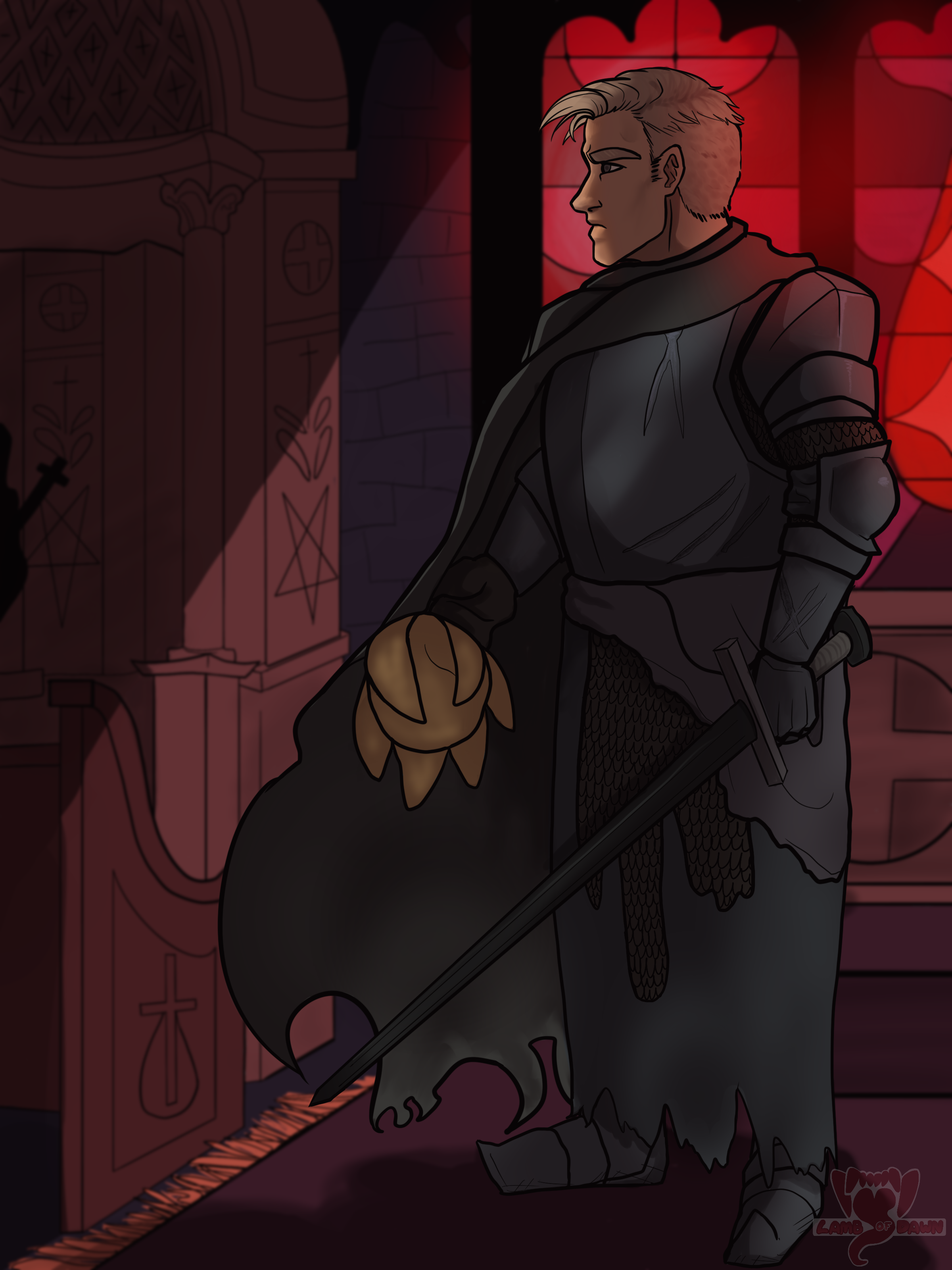 A knight in a red temple, holding a sword and a sun plushie.