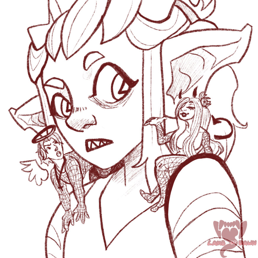 A goblin looking at two small people on their shoulders.