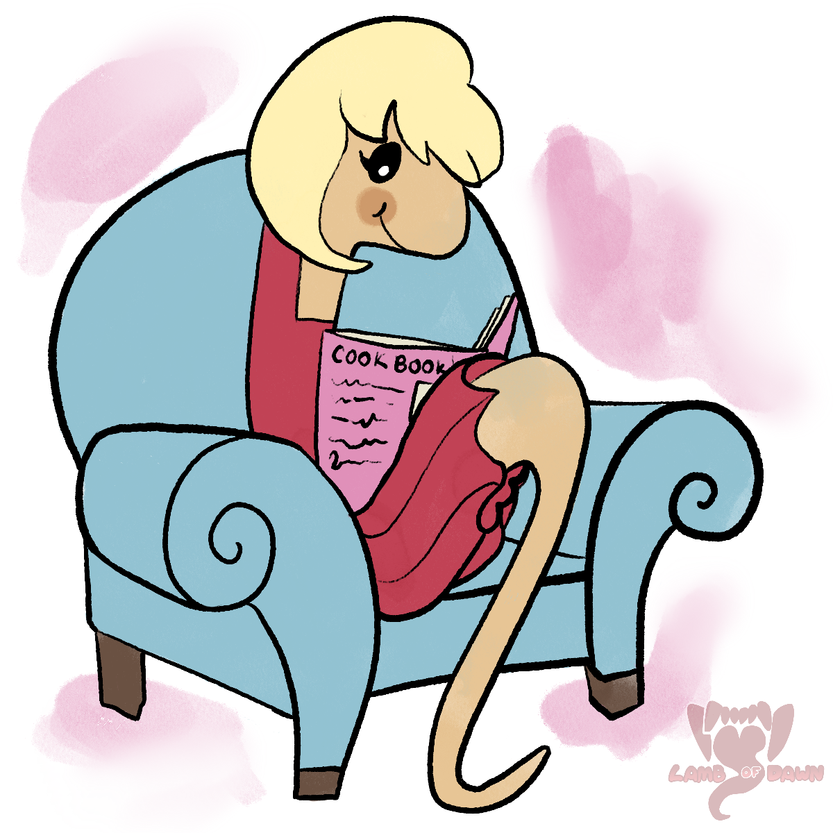 A snake woman reading a book in a chair.