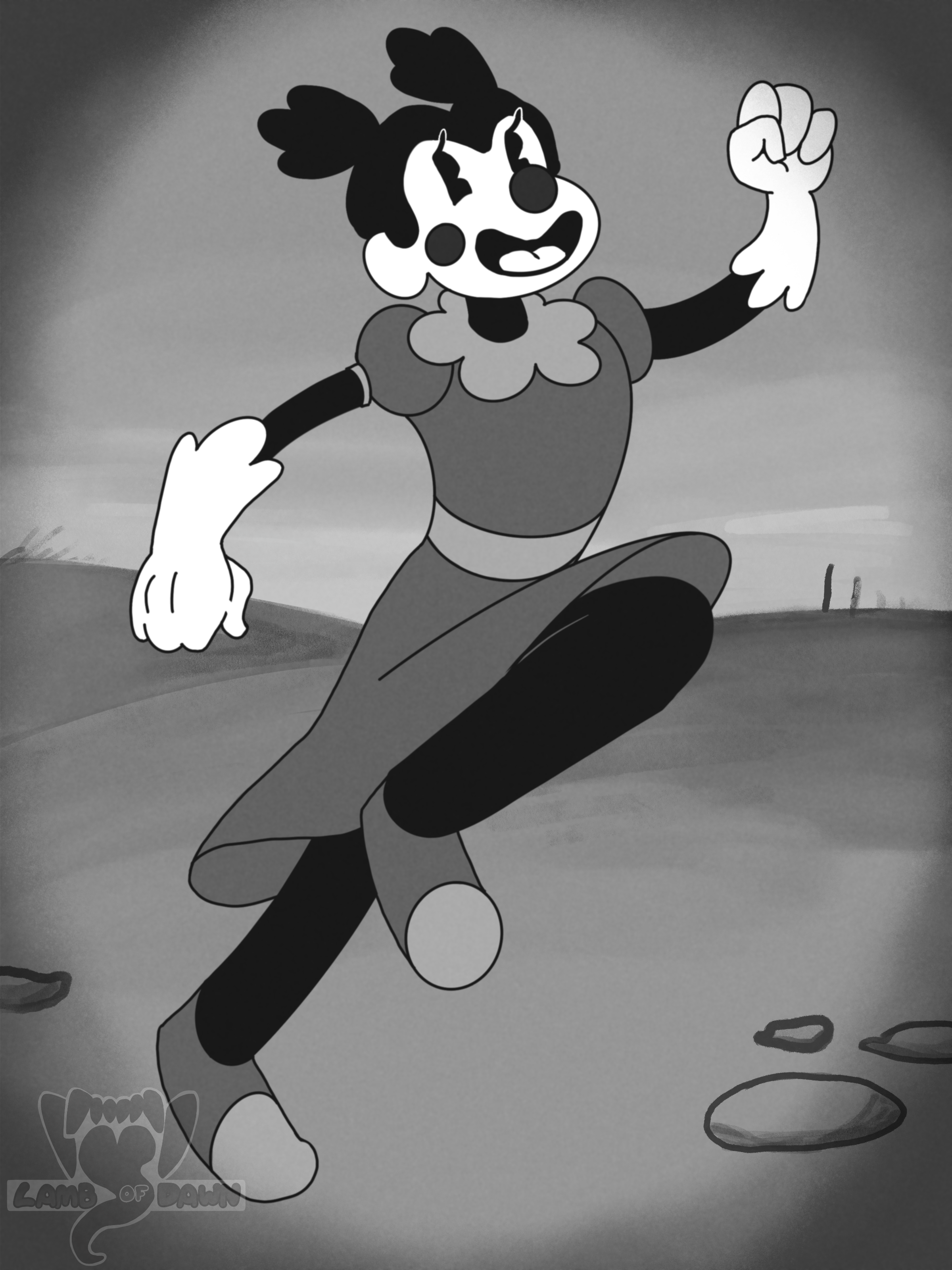 A toony woman running in a field.