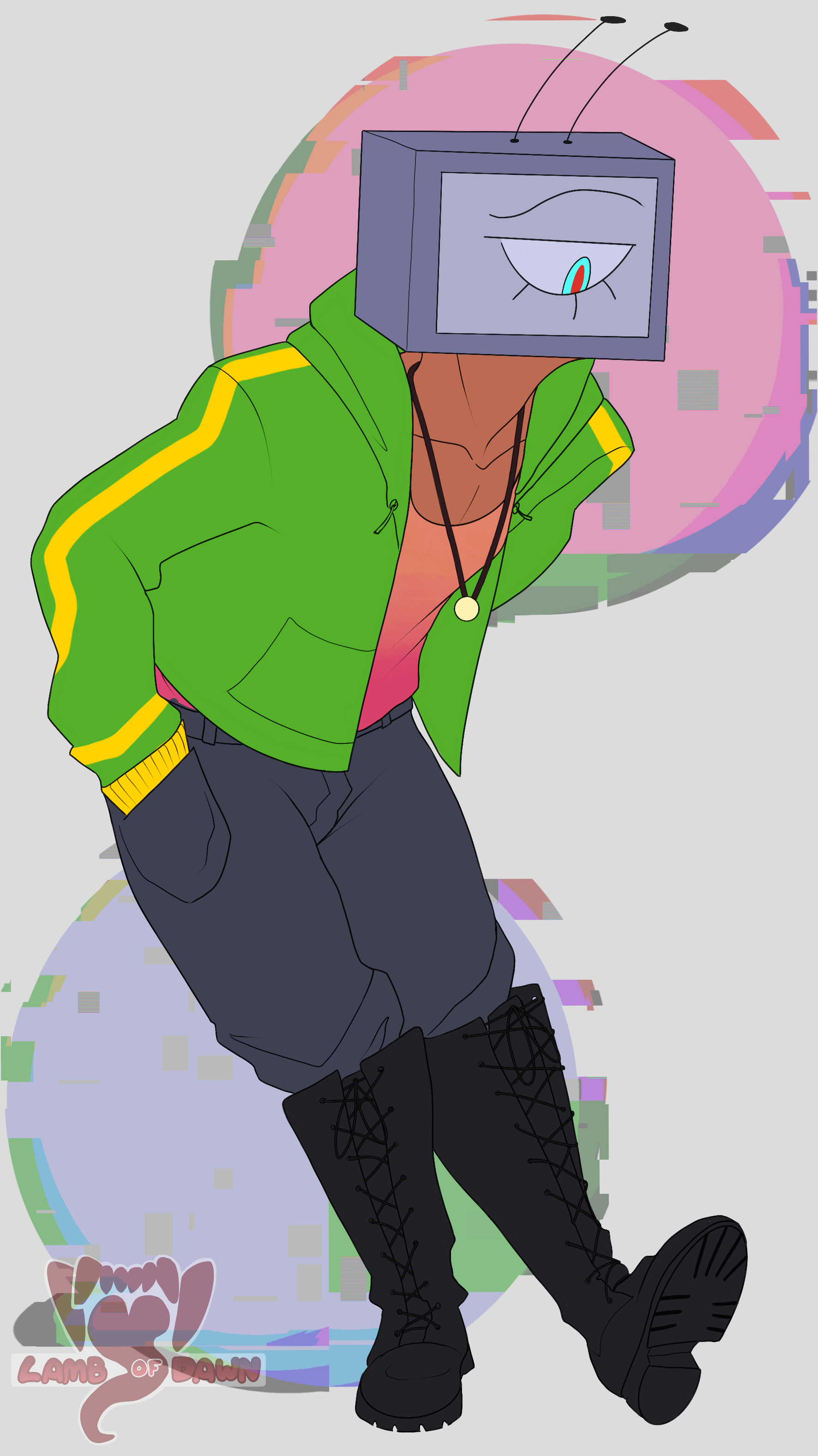 A TV headed man looking down at his shoe