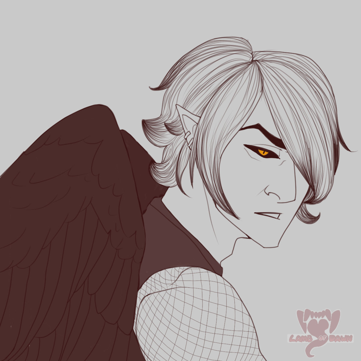 An angry angel boy looking at the camera