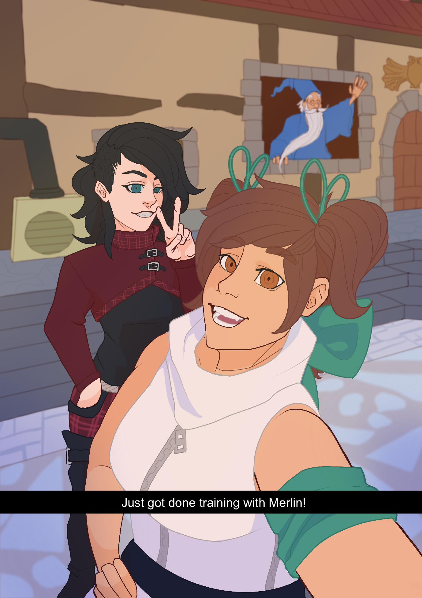 Two characters smile up at a selfie camera.