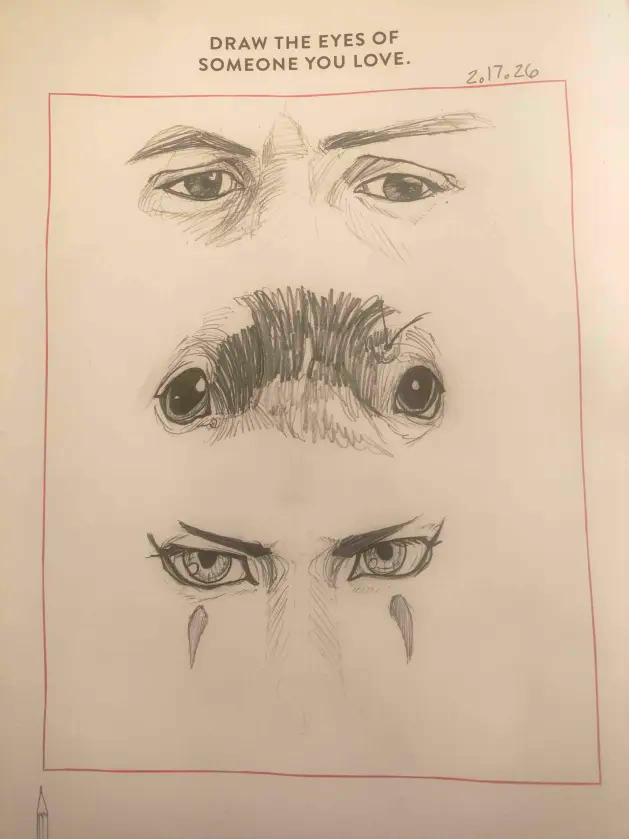 Pencil drawing of a man's, dog's and anime character's eyes